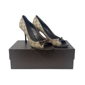 Gucci Monogram Guccissima Supreme Canvas Web Bow Sandals Heels Pumps Size 8.5B